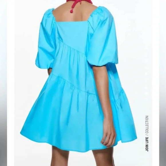 Zara Tiered Poplin Mini Dress neon Electric Blue turquoise short puff sleeves - Picture 3 of 7